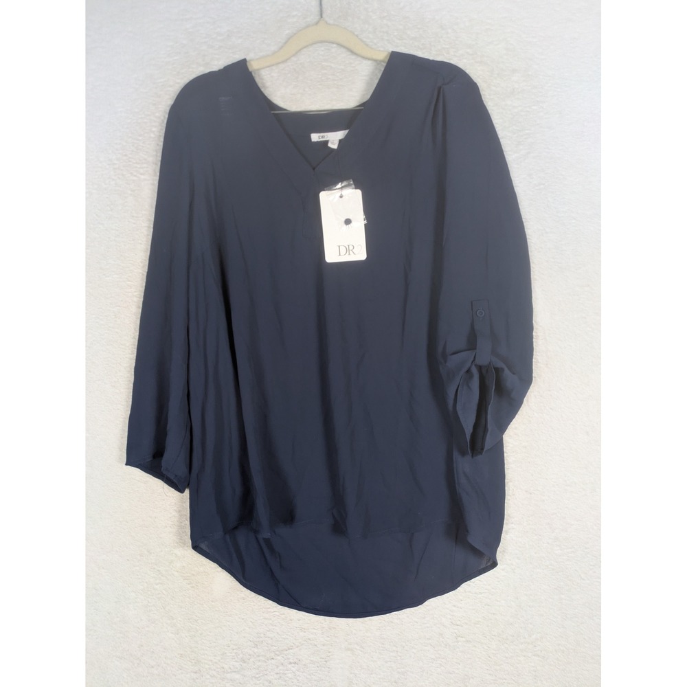 NEW DR2 Blouse Women's L Navy Blue Roll Tab Sleeve V-Neck High-Low